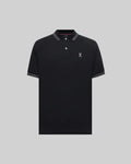 Mens Big And Tall Kenyon Lightweight Pique Polo in black, featuring a small pink embroidered Psycho Bunny skull logo on the left chest and white striped collar and cuffs.