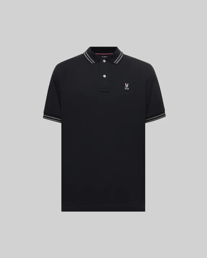 Mens Big And Tall Kenyon Lightweight Pique Polo in black, featuring a small pink embroidered Psycho Bunny skull logo on the left chest and white striped collar and cuffs.