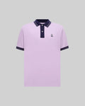 Mens Big And Tall Kenyon Lightweight Pique Polo in classic fit lavender pique, featuring a navy blue collar, placket, and tipped cuffs, with an embroidered Psycho Bunny skull logo on the left chest.