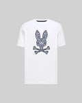 Mens Big And Tall Luke Graphic Tee. White classic fit jersey tee with a large, centered, ornate Psycho Bunny skull logo featuring blue, pink, purple, and black paisley patterns.