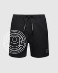 The Psycho Bunny MENS BIG AND TALL SAMOS HYDROCHROMIC SWIM TRUNK (B9W453F200) features black quick-dry fabric, a drawstring waistband, subtle pattern, small leg logo, and "Water Activated Fabric Hydrochromic" circular graphic. Shown on grey background.