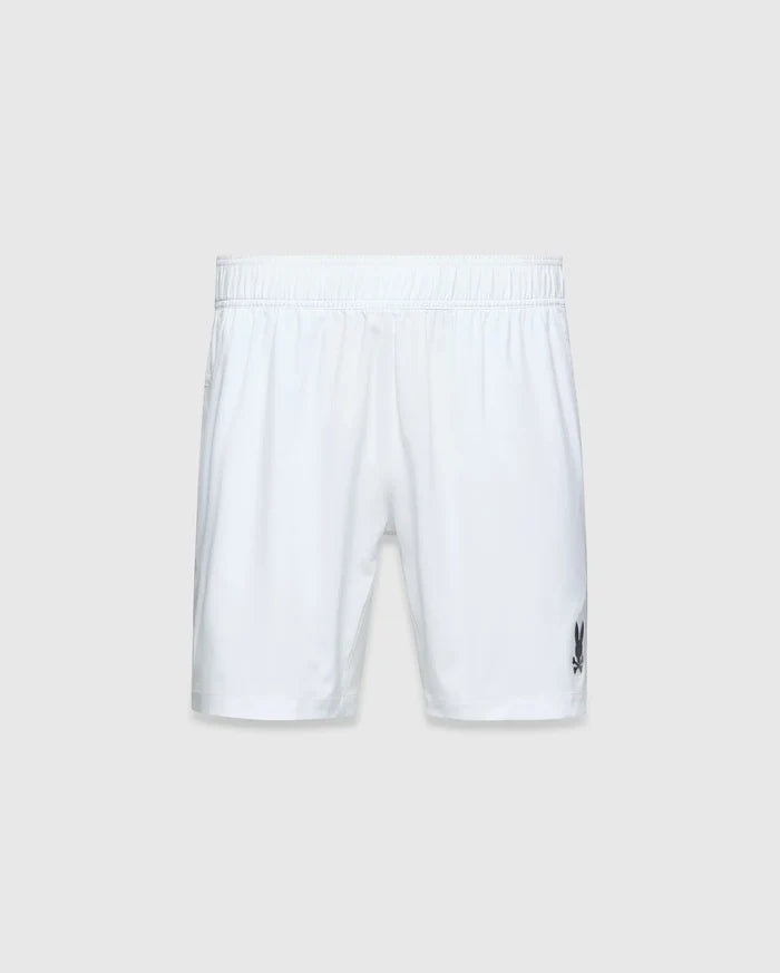 Mens Blaze Sport Short, white, relaxed fit, smooth performance fabric with an elastic waistband and a small dark grey embroidered Psycho Bunny skull logo on the lower left leg.
