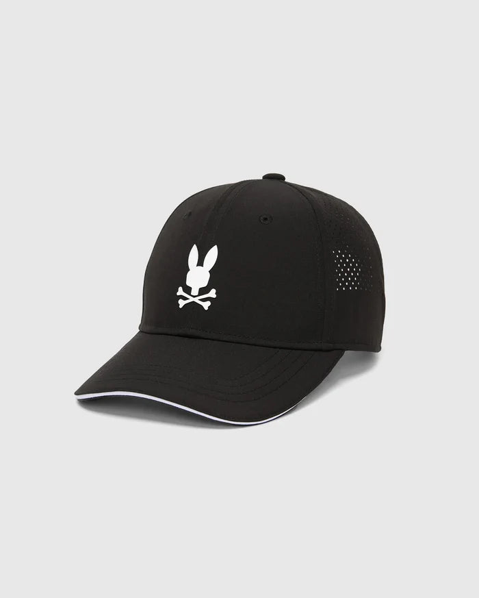 Black Mens Blaze Sport Cap featuring a large white Psycho Bunny skull logo on the front, perforated side panels, and white piping along the brim.