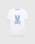 White Mens Brad Graphic Tee, classic fit jersey with a large central blue and cream patterned bunny skull logo and blue Psycho Bunny neck tape.