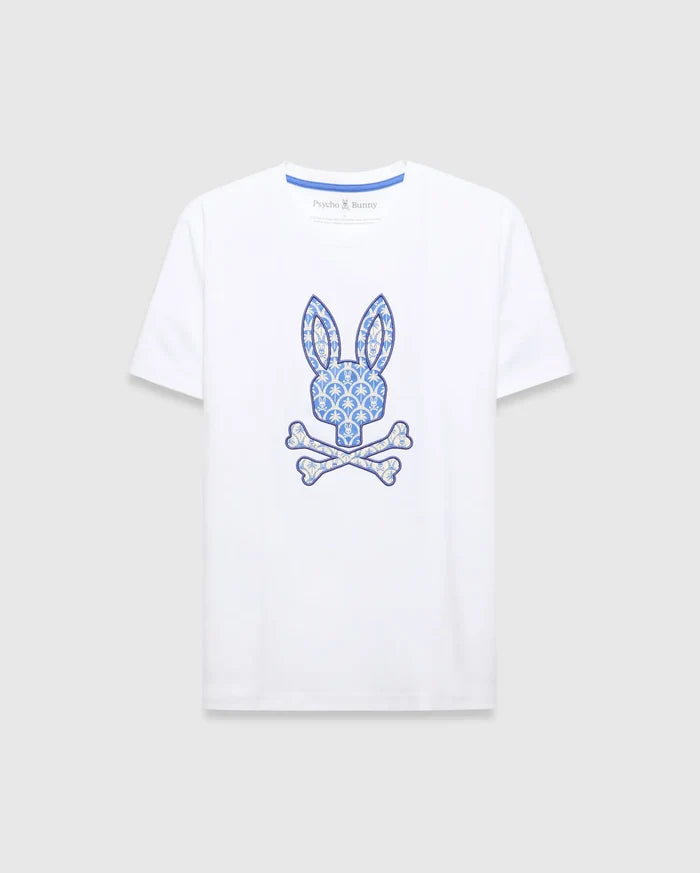 White Mens Brad Graphic Tee, classic fit jersey with a large central blue and cream patterned bunny skull logo and blue Psycho Bunny neck tape.