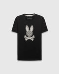 Black Mens Brad Graphic Tee, a classic fit jersey t-shirt featuring a large white Psycho Bunny skull logo on the chest, intricately filled with palm trees and mini bunny skulls.