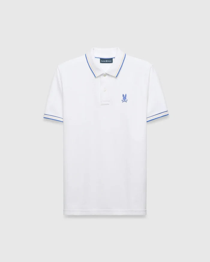 Mens Brad Pique Polo, white classic fit pique polo with blue and yellow tipping on collar and cuffs, featuring a small embroidered blue Psycho Bunny skull logo on the left chest.