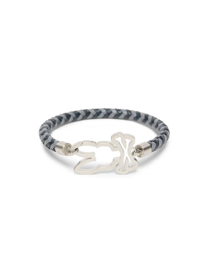 Mens Braided Pattern Leather Bracelet featuring a dark grey and light grey braided leather band with a prominent silver-tone Psycho Bunny skull logo clasp.