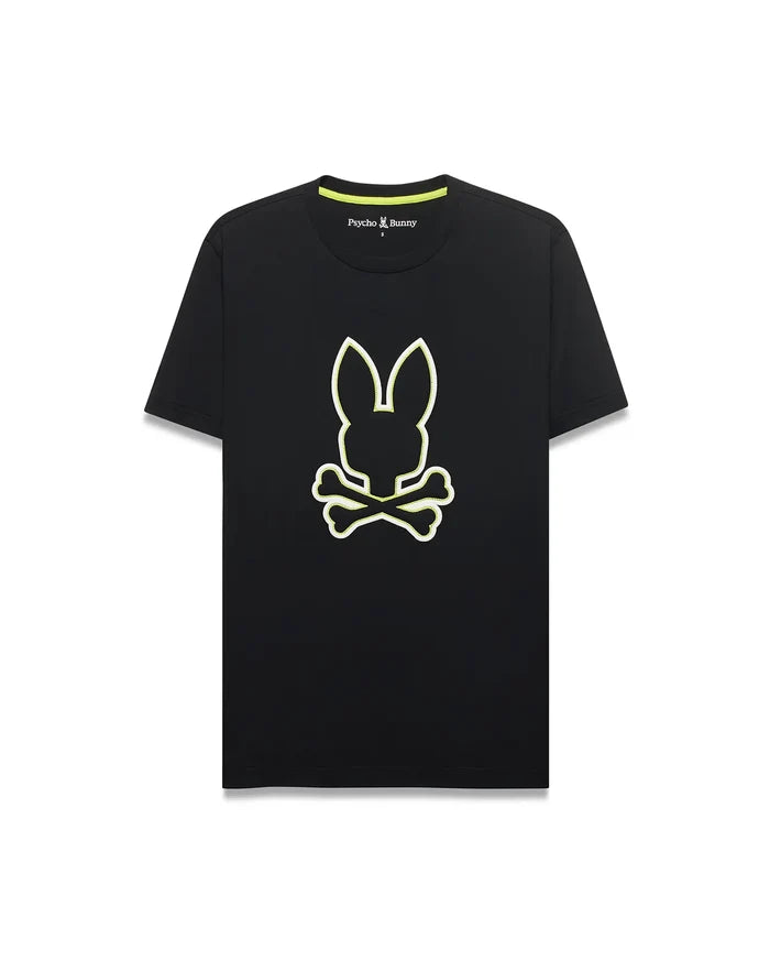 Mens Bruno Graphic Tee, a black classic fit jersey knit t-shirt with a large, central neon yellow and white outlined bunny skull logo and neon green inner neck tape.