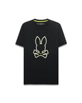 Mens Bruno Graphic Tee, a black classic fit jersey knit t-shirt with a large, central neon yellow and white outlined bunny skull logo and neon green inner neck tape.