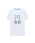 Mens Bruno Graphic Tee, white classic fit jersey t-shirt with a large central embroidered Psycho Bunny skull logo outlined in dark green and a blue inner neckline trim.