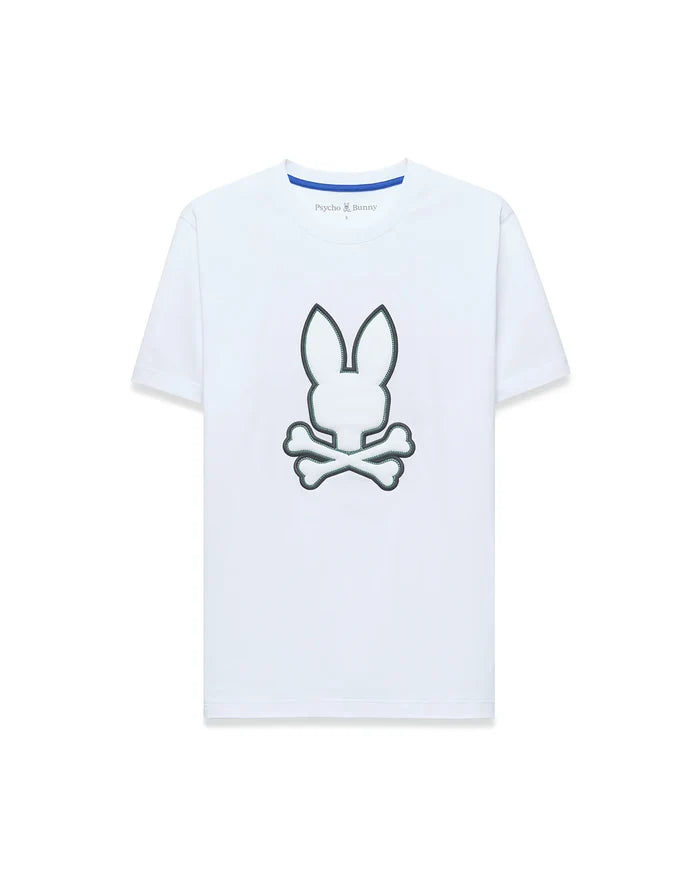 Mens Bruno Graphic Tee, white classic fit jersey t-shirt with a large central embroidered Psycho Bunny skull logo outlined in dark green and a blue inner neckline trim.