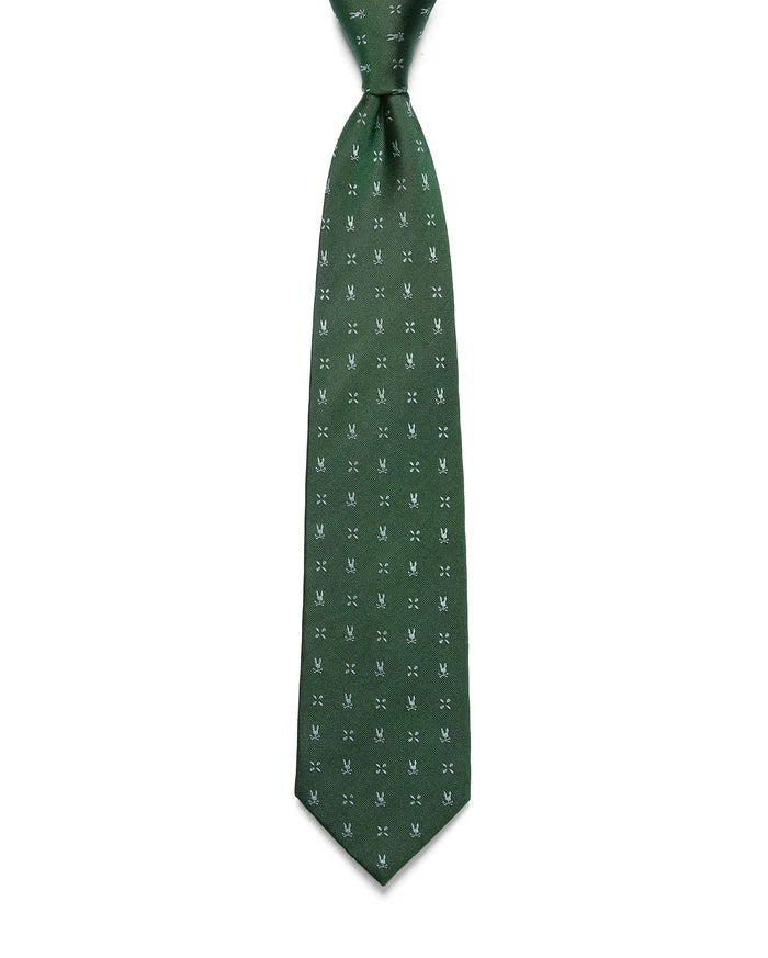 Mens Bunny Neat Woven Tie, a dark green woven tie with a subtle diagonal texture, featuring an all-over pattern of small white Psycho Bunny skull logos.