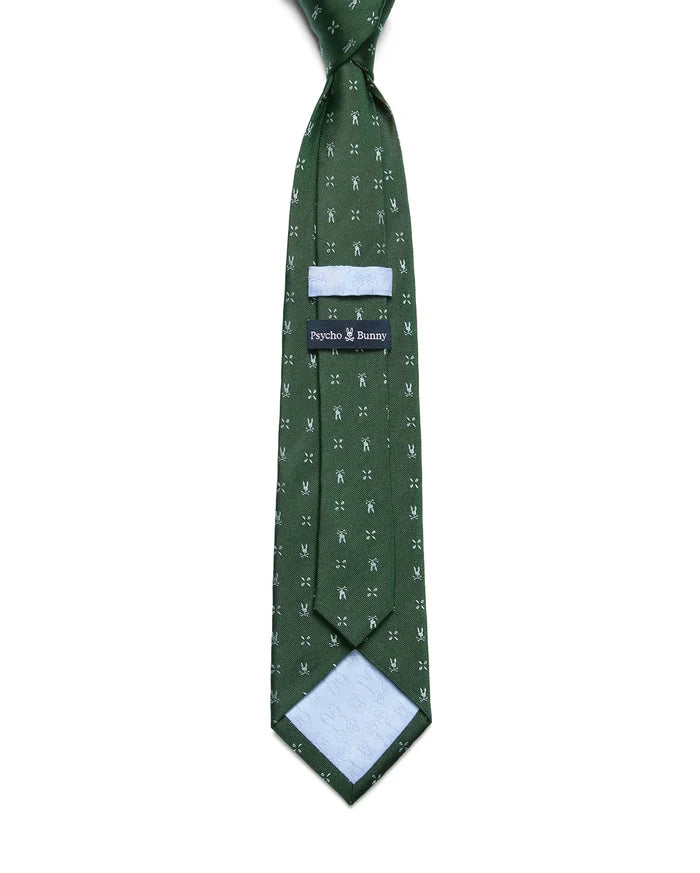 Mens Bunny Neat Woven Tie, a dark green woven tie featuring an all-over white Psycho Bunny skull and crossbones pattern, with a light blue keeper loop and patterned lining.