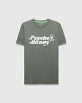 Mens Byron Wordmark Tee, olive green classic fit jersey t-shirt with a large white Psycho Bunny wordmark and bunny skull graphic on the chest, featuring a neon green neck tape.