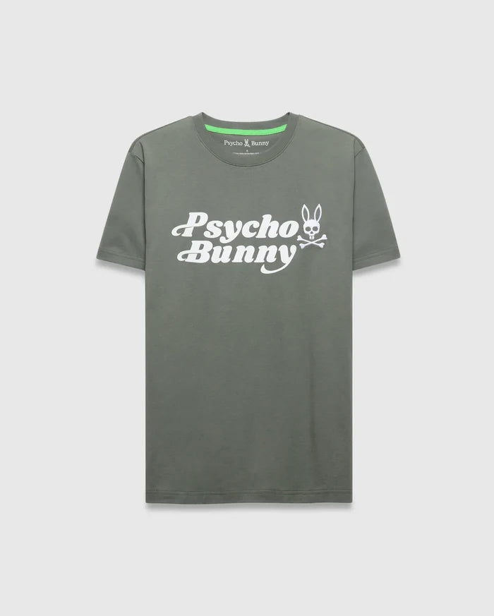 Mens Byron Wordmark Tee, olive green classic fit jersey t-shirt with a large white Psycho Bunny wordmark and bunny skull graphic on the chest, featuring a neon green neck tape.