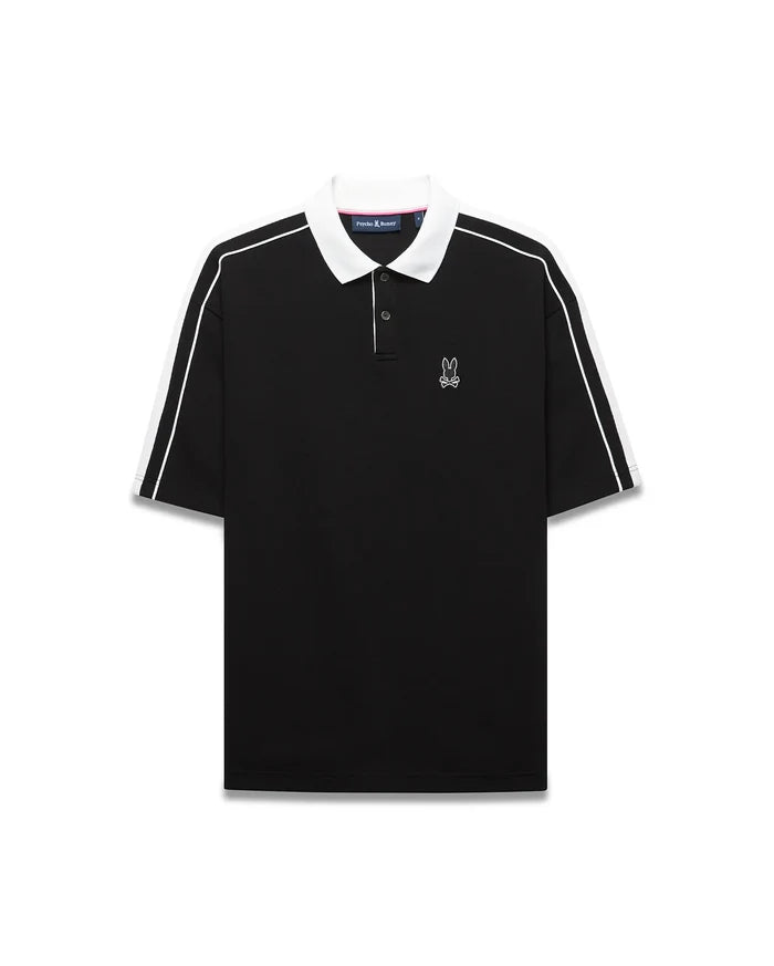 Mens Ceano Relaxed Fit Heavy Pique Polo in black with a crisp white collar, white double-stripe sleeves, and a small embroidered white Psycho Bunny skull logo on the left chest.