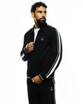 Mens Ceano Track Jacket in black smooth knit, featuring a classic fit, full zip, double white stripes on sleeves, ribbed cuffs and hem, and a small embroidered white Psycho Bunny skull logo on the left chest.