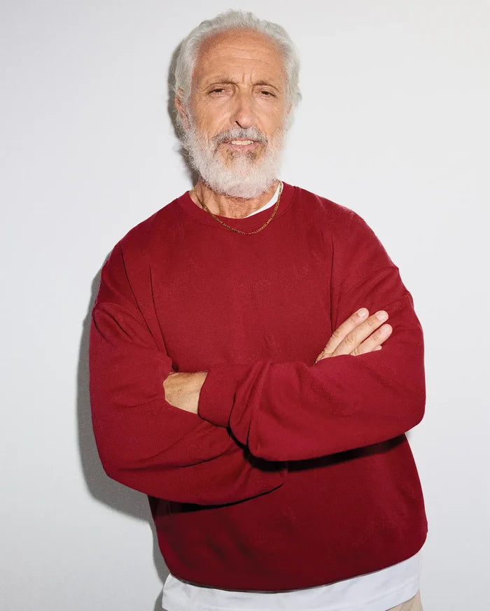 Mens Cedrick All Over Jacquard Crew, a deep red relaxed fit crewneck sweatshirt featuring a subtle tonal jacquard pattern and soft knit fabric, reflecting premium streetwear style.