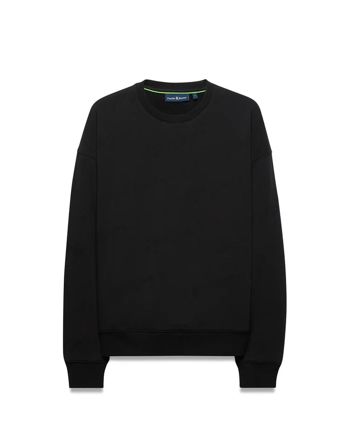 Mens Cedrick All Over Jacquard Crew, a black relaxed-fit sweatshirt featuring a subtle all-over jacquard Psycho Bunny skull logo pattern, ribbed cuffs and hem, and a green accent stripe on the inner neckline.