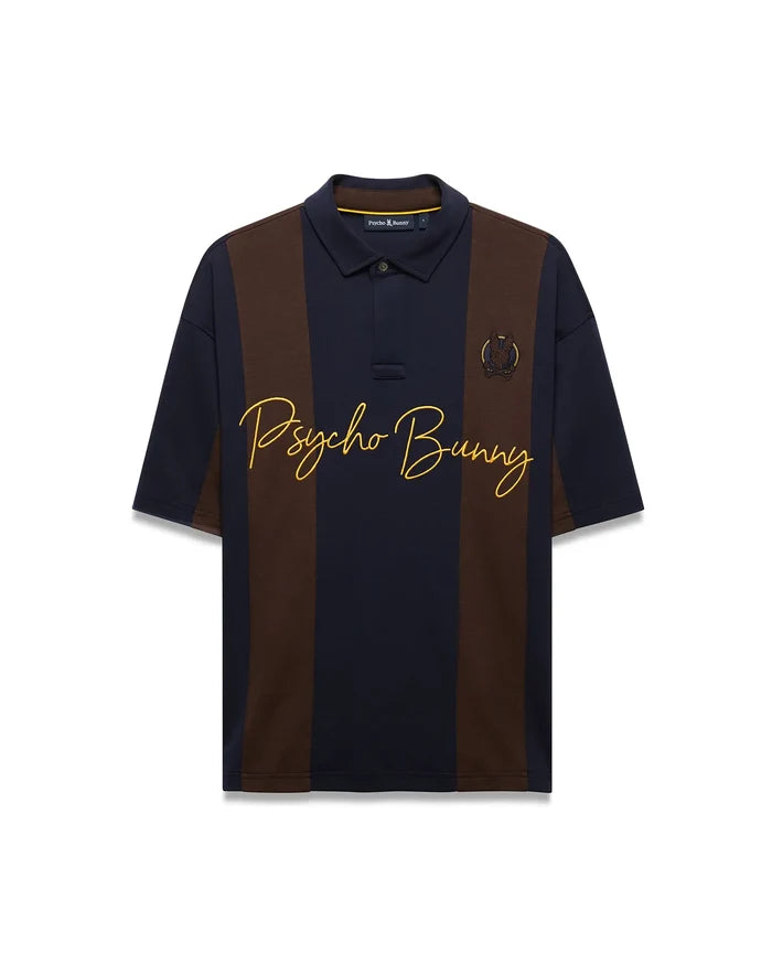 Mens Chad Relaxed Fit Striped Polo in navy and brown vertical stripes, featuring a relaxed fit, smooth jersey knit, large yellow embroidered Psycho Bunny script, and small embroidered skull logo.