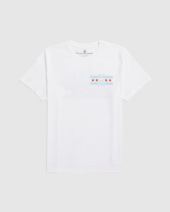 Check out the Psycho Bunny MENS CHICAGO CITY TEE - B6U551W1PC. This white T-shirt is crafted from luxurious Pima cotton jersey and features a subtle bunny logo graphic along with four red stars positioned across a light blue stripe on the chest.