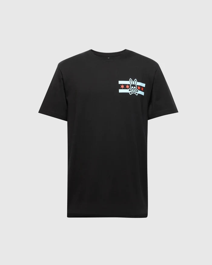 The Men's Chicago Tee - B6U551W1PC by Psycho Bunny is a black shirt for men made from premium Pima cotton. It showcases a small logo on the left chest, featuring a stylized bunny adorned with red stars and blue stripes, set against a plain light gray background.