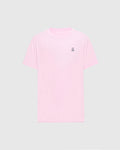 The light pink Men's Classic Crew Neck Tee (B6U014CRPC) by Psycho Bunny is crafted from soft pima cotton with a small embroidered peace sign hand symbol on the top left chest against a plain gray background, making it versatile and stylish for any casual occasion.