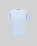 The Psycho Bunny MENS CLASSIC CREW NECK TEE - B6U014F200 is a light blue Pima cotton men's tee with a small embroidered peace sign on the left chest, shown on a gray background.