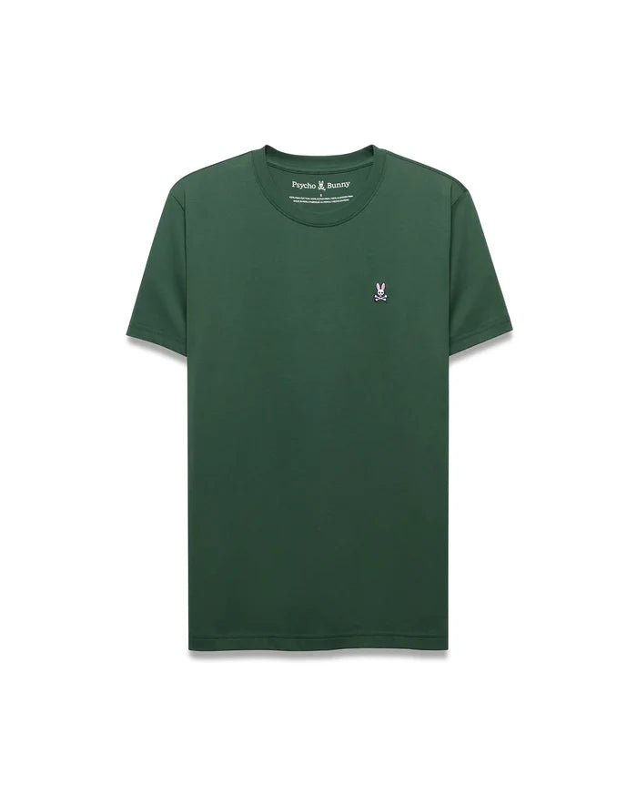 Dark green Mens Classic Crew Neck Tee, classic fit, smooth jersey knit. Features a small, embroidered pink, white, and black Psycho Bunny skull logo on the left chest.