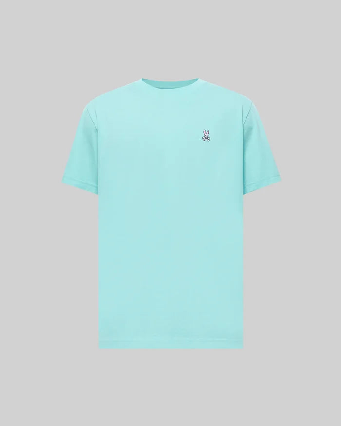 Mens Classic Crew Neck Tee in aqua, featuring smooth jersey fabric and a classic fit, with a small embroidered pink and white Psycho Bunny skull logo on the left chest.