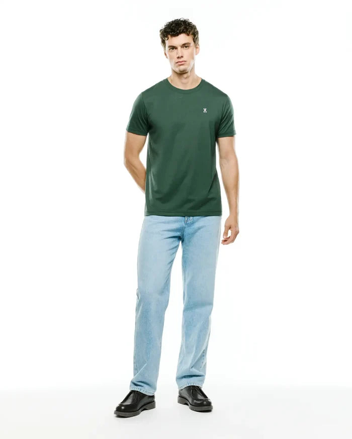 Mens Classic Crew Neck Tee in dark green, featuring a smooth jersey knit fabric and a small white embroidered Psycho Bunny skull logo on the left chest, offering a classic fit.