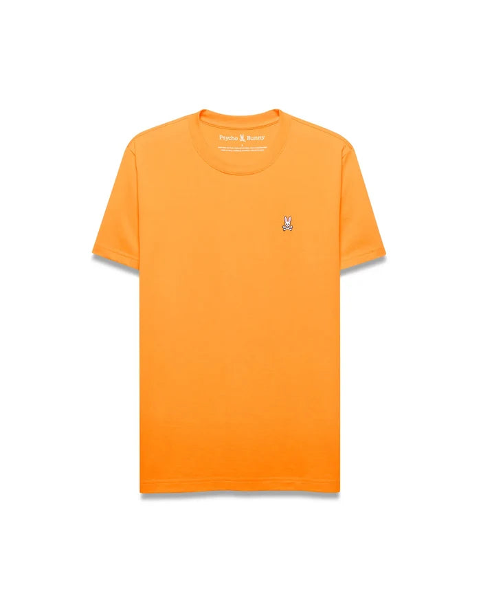 Mens Classic Crew Neck Tee in vibrant orange, featuring a classic fit and soft jersey knit. A small, embroidered white and black Psycho Bunny skull logo is on the left chest.