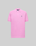 Mens Classic Pique Polo in vibrant pink, featuring a classic fit, pique knit texture, two white buttons, and a small black and white embroidered Psycho Bunny skull logo on the left chest.