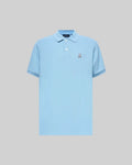 Mens Classic Pique Polo in sky blue, featuring a classic fit, pique texture, two-button placket, ribbed collar, dark blue trim on cuffs, and a small, embroidered Psycho Bunny skull logo on the left chest.