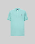 Mens Classic Pique Polo in aqua, a classic fit pique knit with a small embroidered white and pink Psycho Bunny skull logo on the left chest, featuring a two-button placket.