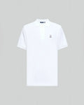 Mens Classic Pique Polo Shirt in crisp white, classic fit, pique knit, with a two-button placket, ribbed collar and cuffs, and a small embroidered pink/purple Psycho Bunny skull logo on the left chest.