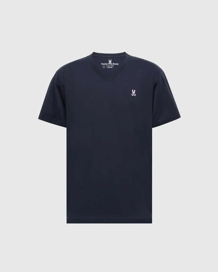 The Psycho Bunny Men's Classic V-Neck Tee (B6U100ARPC) is a plain black, short-sleeved shirt made from soft Pima cotton. It includes a small white embroidered rabbit logo on the left chest set against a light gray background.