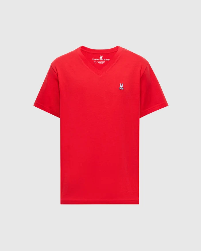 A bright red Psycho Bunny men's V-neck tee, 100% Pima cotton, featuring a blue and white embroidered logo on the left chest, shown on a light gray background. Product: MENS CLASSIC V NECK TEE - B6U100CRPC.