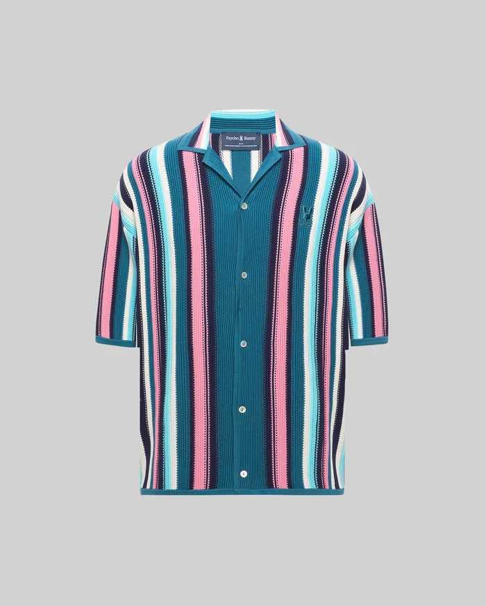 Mens Cliff Shirt, a relaxed fit knitted short-sleeve button-up with vibrant teal, pink, light blue, white, navy vertical stripes, and an embroidered Psycho Bunny skull logo on the left chest.