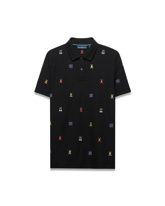 Mens Colin All-Over Pique Polo: Premium black classic fit pique polo with all-over embroidered multicolor Psycho Bunny skull logos and blue wave patterns.