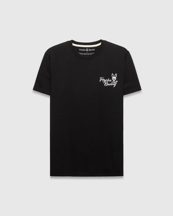 Black Mens Colin Back Graphic Tee, a classic fit jersey t-shirt, features a small white Psycho Bunny skull and crossbones logo with script text on the left chest.