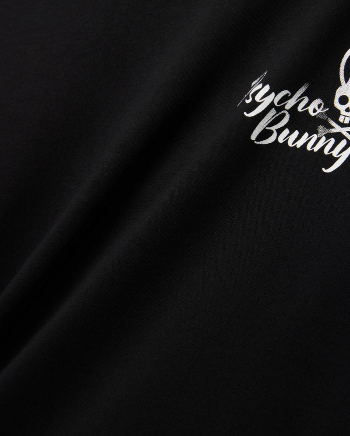 Mens Colin Back Graphic Tee in black, crafted from smooth jersey knit, showcasing a bold white Psycho Bunny script and iconic bunny skull logo graphic on the back.