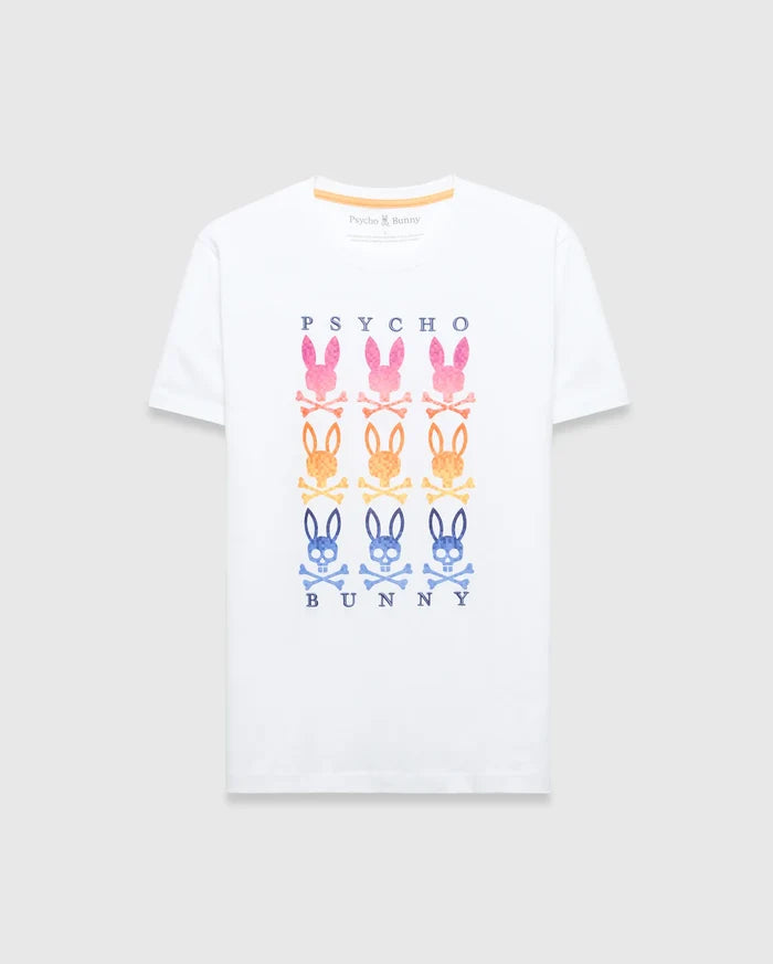 White Mens Colt Graphic Tee, classic fit jersey, featuring a bold chest graphic with PSYCHO text, six gradient pink, orange, and blue bunny skull logos, and BUNNY text.