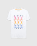 White Mens Colt Graphic Tee, classic fit jersey, featuring a bold chest graphic with PSYCHO text, six gradient pink, orange, and blue bunny skull logos, and BUNNY text.