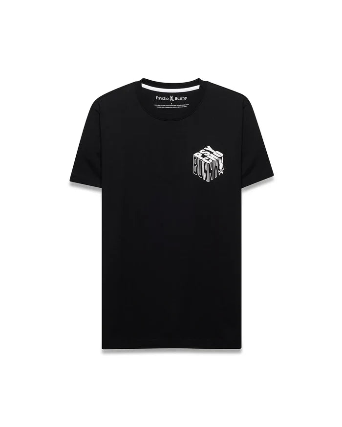 Men's Conan Pima Back Graphic Tee, a classic fit black Pima cotton jersey t-shirt featuring a small white 3D-effect Psycho Bunny text graphic with skull logo on the left chest.