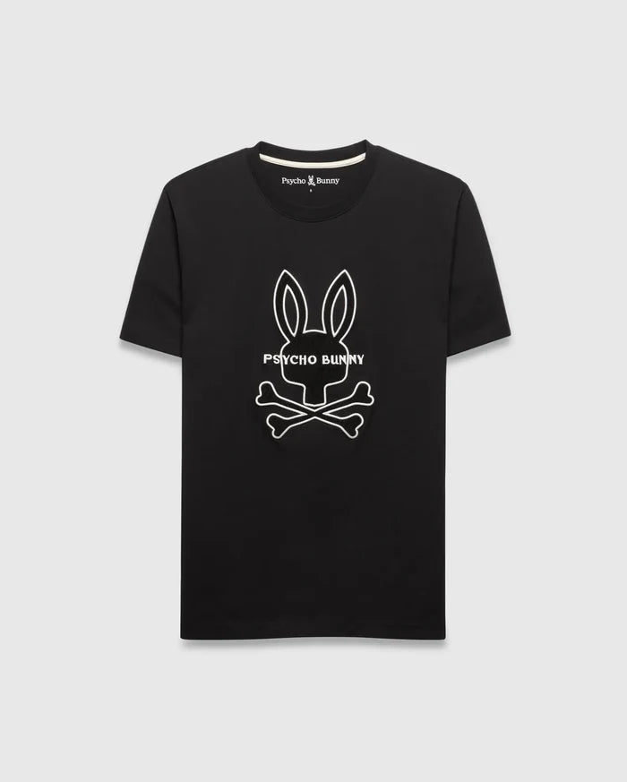 Black Mens Craig Graphic Tee in classic fit jersey, featuring a large white outline Psycho Bunny skull and crossbones graphic on the chest.