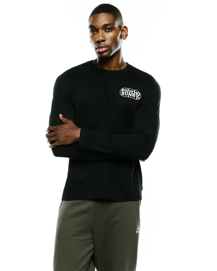 Mens Dariel Long Sleeve Back Graphic Tee in black, a classic fit, smooth jersey knit tee with a small white Psycho Bunny text logo on the left chest.