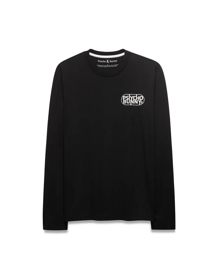 Mens Dariel Long Sleeve Back Graphic Tee in black, a classic fit jersey with a white oval Psycho Bunny text logo and skull on the left chest, and white neck trim.