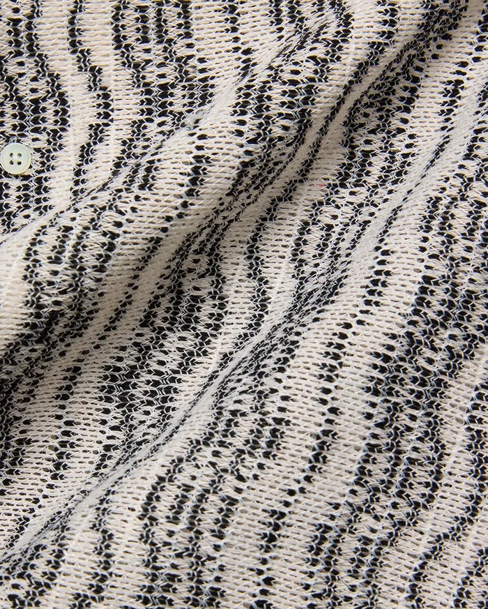 Mens Dave Crochet Shirt, a premium knit featuring an intricate cream and black open-weave texture with a distinctive zig-zag striped pattern and a visible light button closure.
